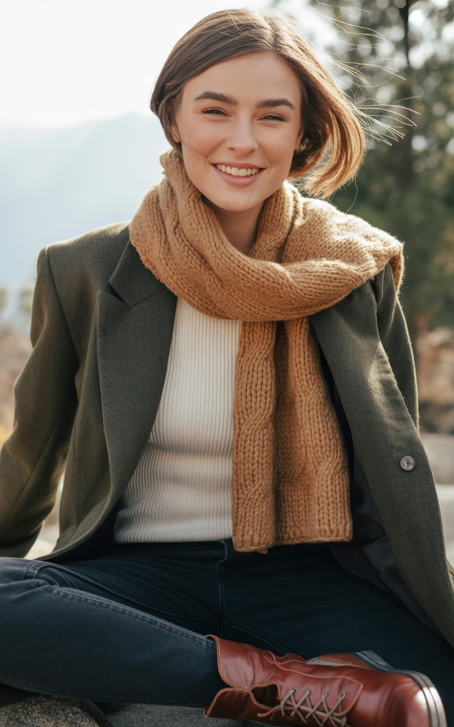 Layer a scarf over a structured blazer and dark jeans