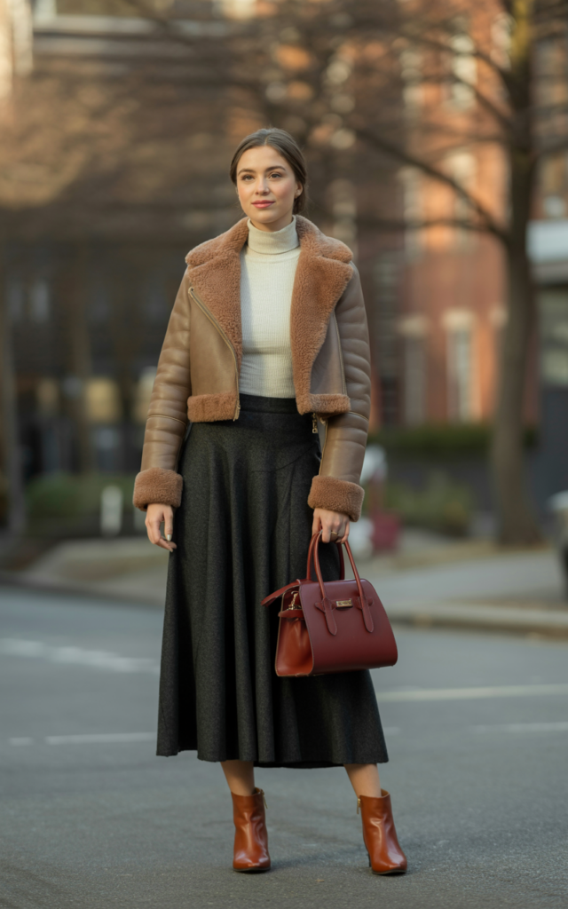 Layer a shearling jacket for texture contrast.