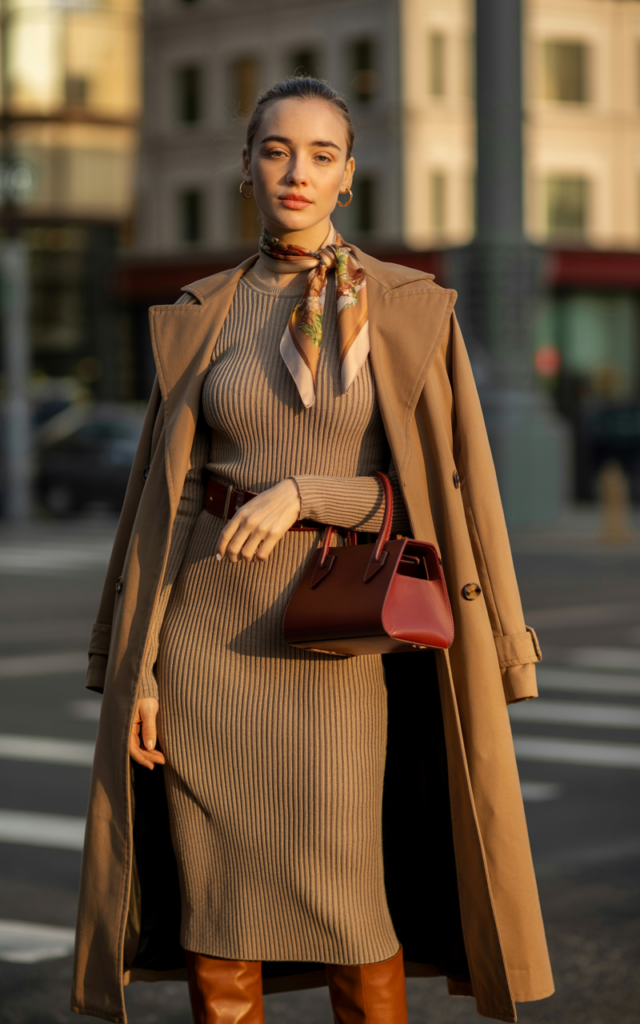 Layer a trench coat over a knit dress and knee-high boots.