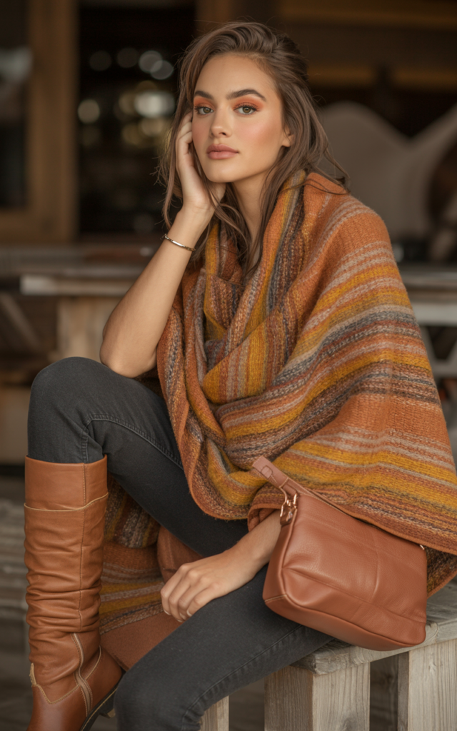 Layer a wool poncho over skinny jeans and boots