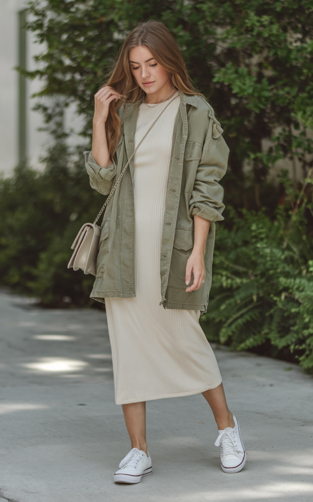 Layer an Olive Utility Jacket over a Cream Midi Dress