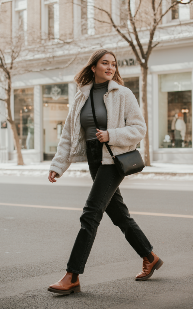Mix a sherpa jacket with black jeans and Chelsea boots.