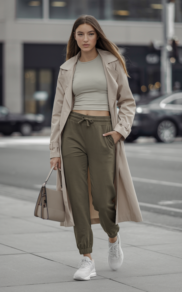Pair a Beige Trench with Olive Joggers