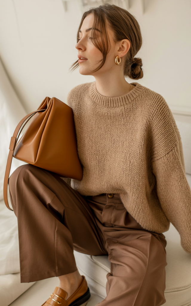 Pair a Chunky Oatmeal Knit with Chocolate Wide-Leg Trousers