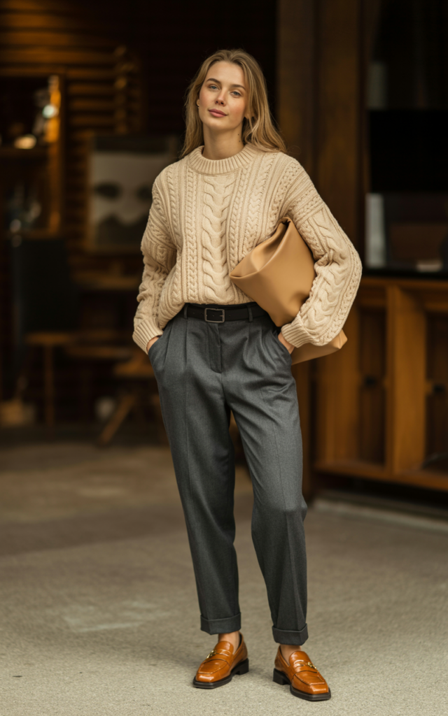 Pair a cable-knit sweater with tailored trousers and loafers