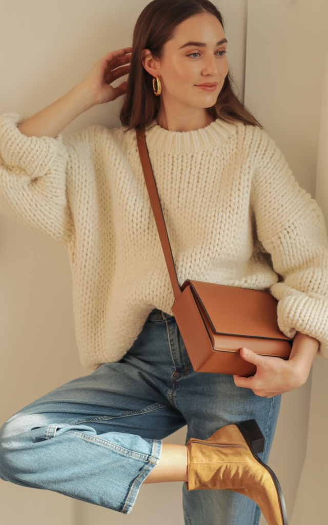 Pair a chunky knit sweater with straight-leg jeans.