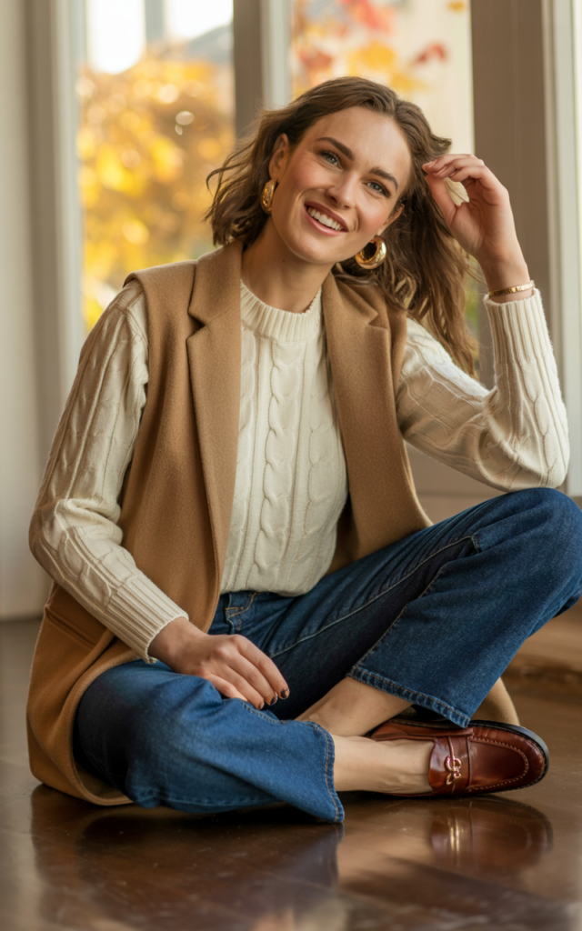 Pair a cozy vest with a long-sleeve knit and straight jeans.