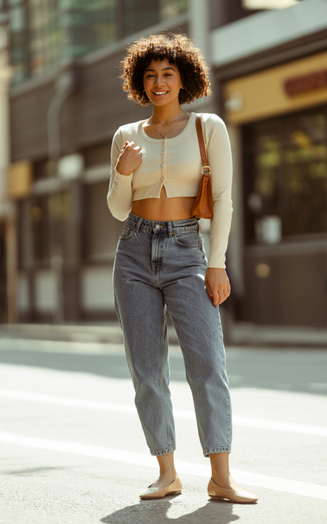 Pair a cropped cardigan with high-waisted mom jeans.