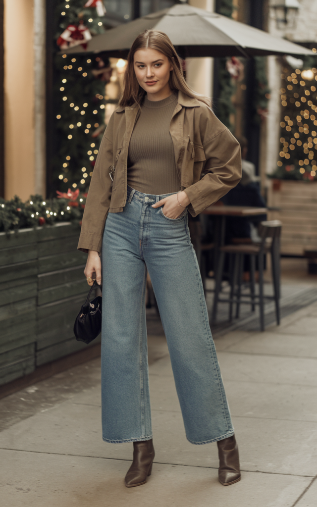 Pair a cropped jacket with wide-leg jeans and a fitted knit.
