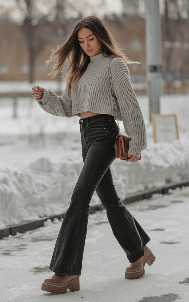 Pair a cropped sweater with high-waisted flared jeans.
