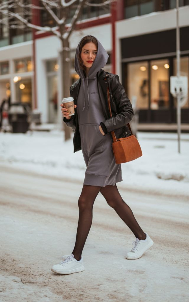Pair a fitted leather jacket with a hoodie dress and sneakers.