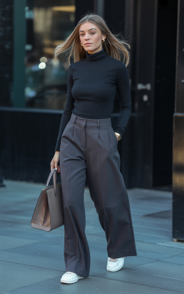 Pair a fitted turtleneck with wide-leg trousers and sneakers.