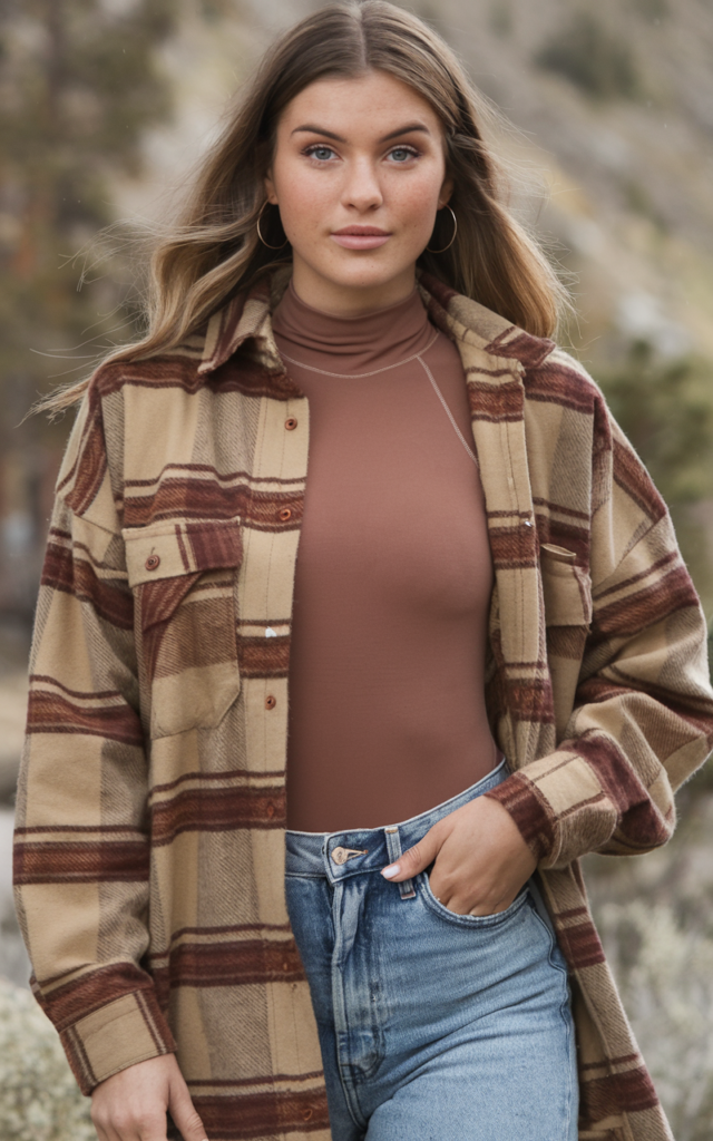 Pair a flannel shirt with a fitted turtleneck and high-rise denim