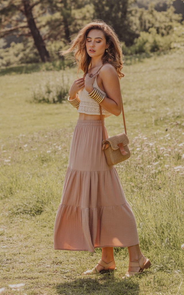 Pair a flowy maxi skirt with a cropped crochet top