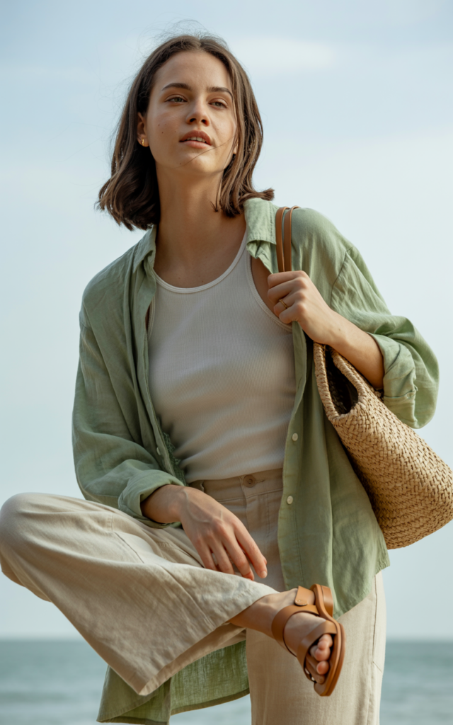 Pair a ribbed tank with an oversized button-down and linen pants.