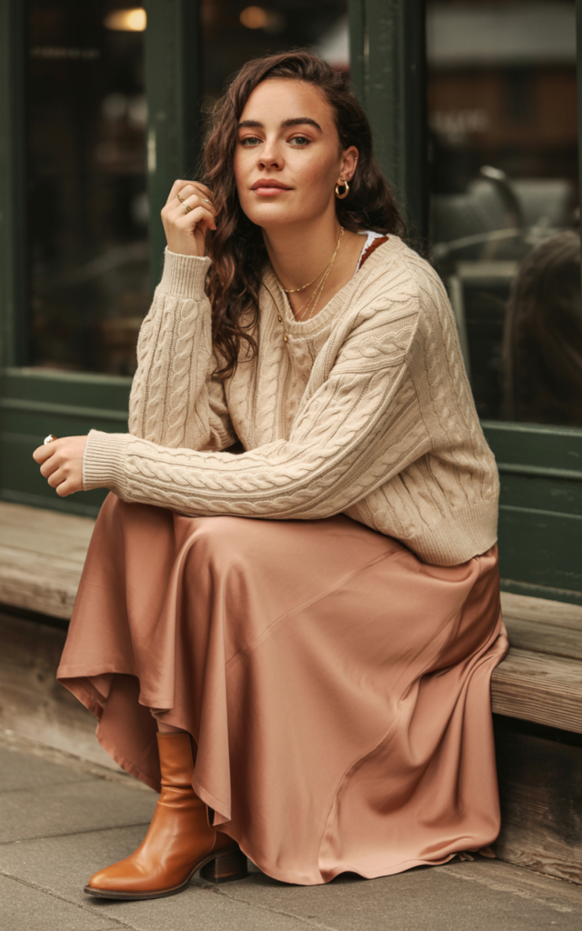 Pair a satin midi skirt with a cozy oversized sweater