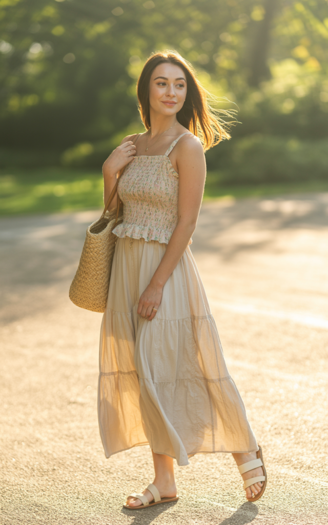 Pair a smocked top with a tiered cotton maxi skirt