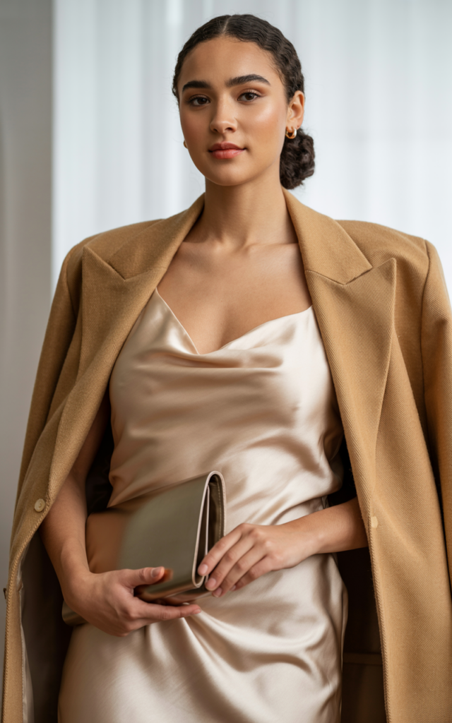 Pair a tailored blazer with a satin slip dress.