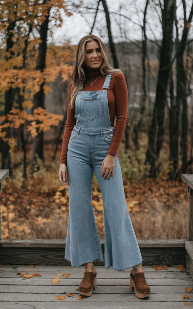 Pair flared overalls with a fitted turtleneck