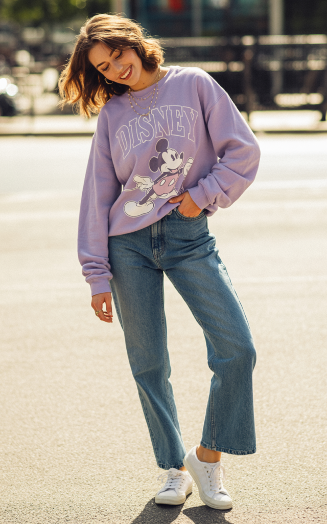 Pair straight-leg jeans with a vintage Disney sweatshirt.