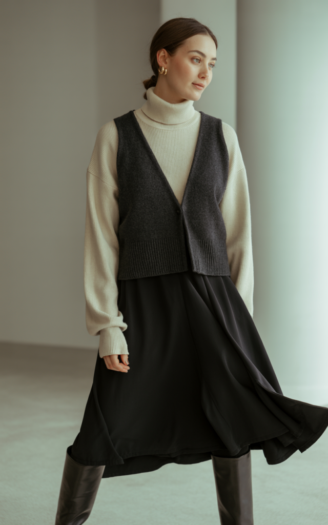 Pair with a knit vest and tall boots.