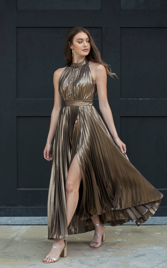 Shine in a metallic pleated gown