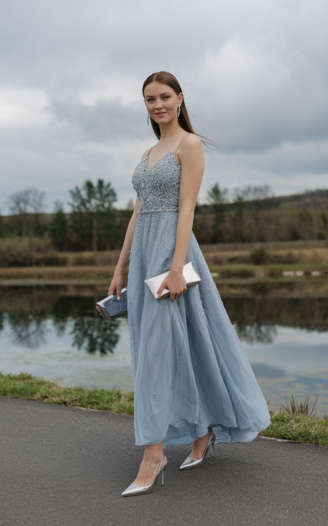 Slip into a shimmering crystal-embellished column dress