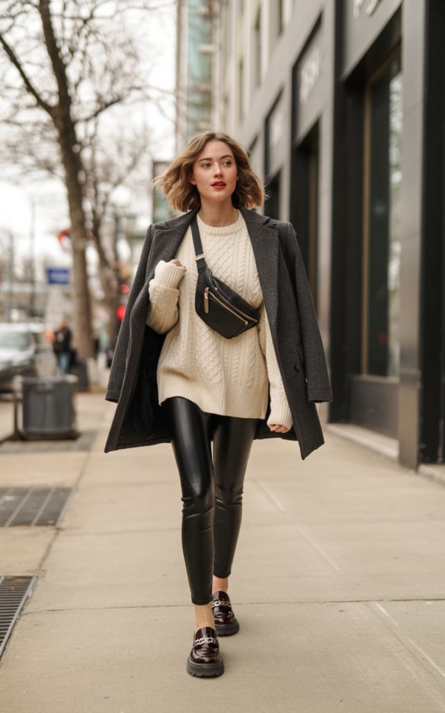 Slip into faux leather leggings with an oversized blazer.