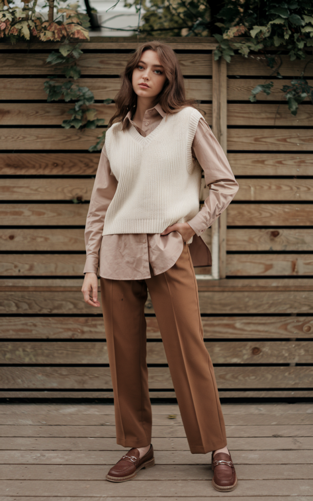 Style a Cream Knit Vest over a Sand Button-Down