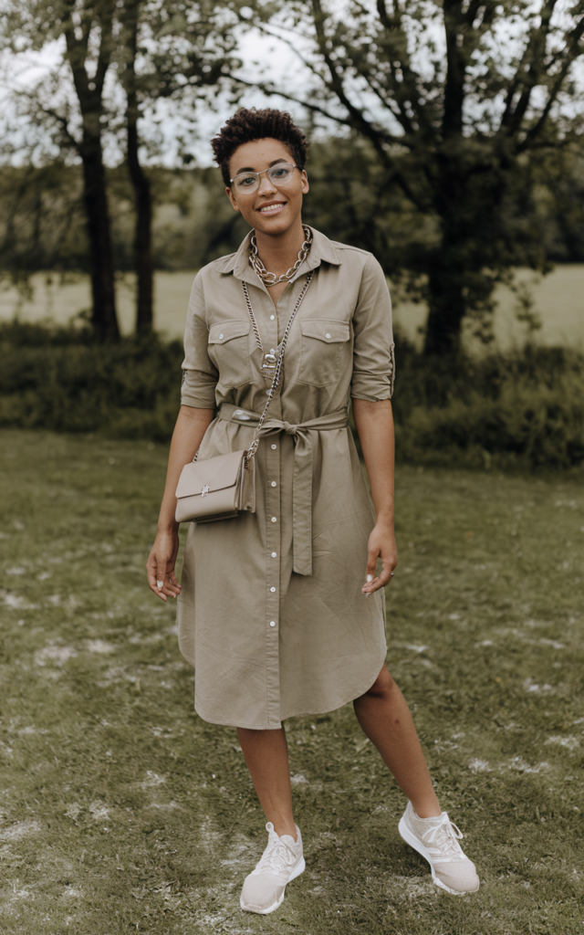 Style a Khaki Shirt Dress with White Sneakers