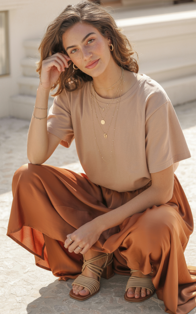 Style a Rust Satin Skirt with a Slouchy Beige Tee