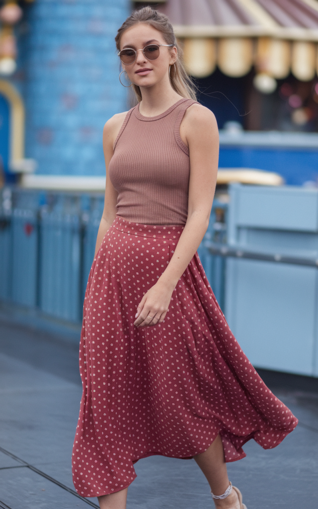 Style a breezy midi skirt with a tucked-in tank.