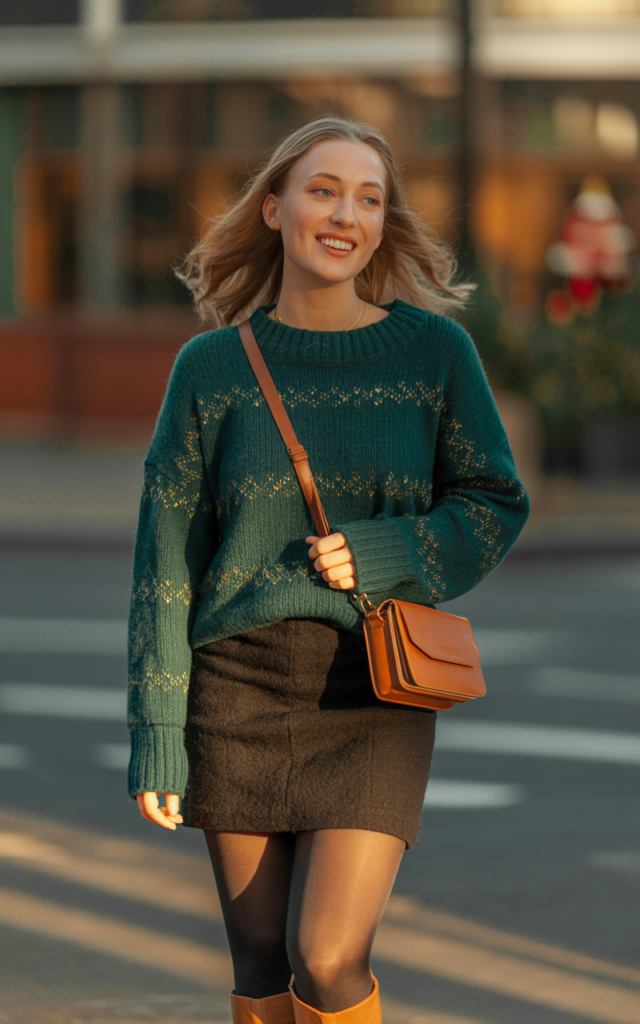 Style a festive sweater with a mini skirt and tights.