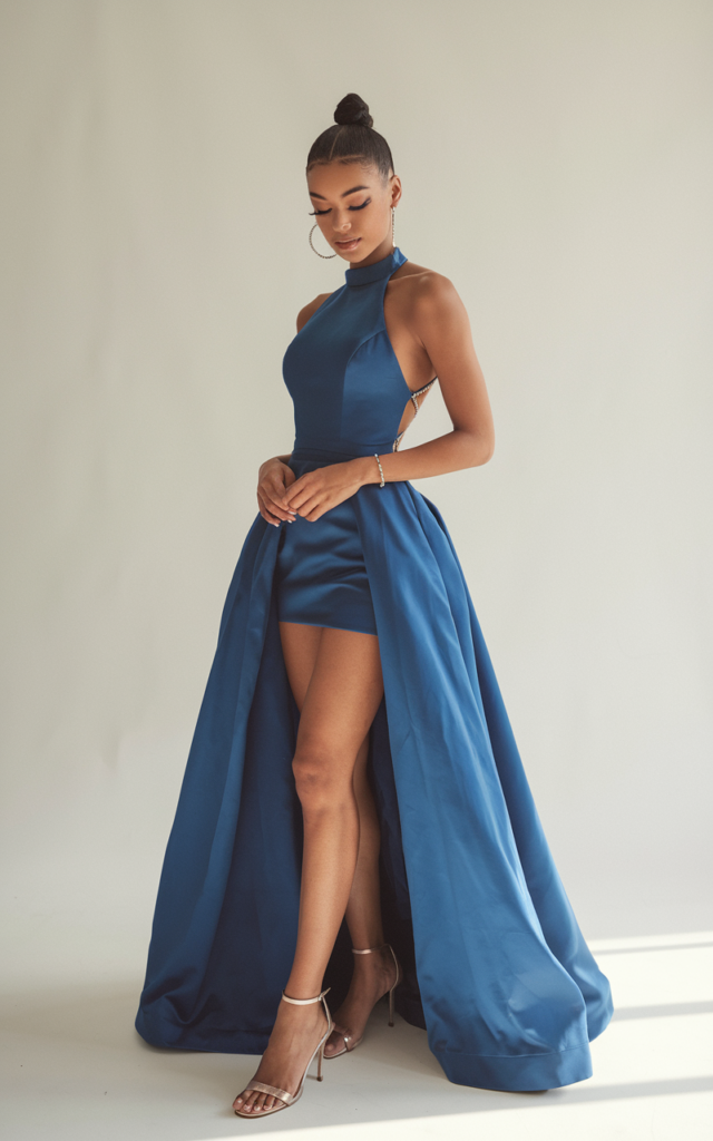 Style a high-neck halter dress for sleek sophistication