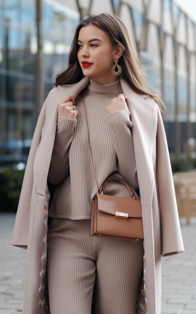 Style a matching knit set with bold accessories.