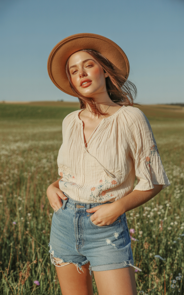 Style a peasant blouse with distressed denim shorts