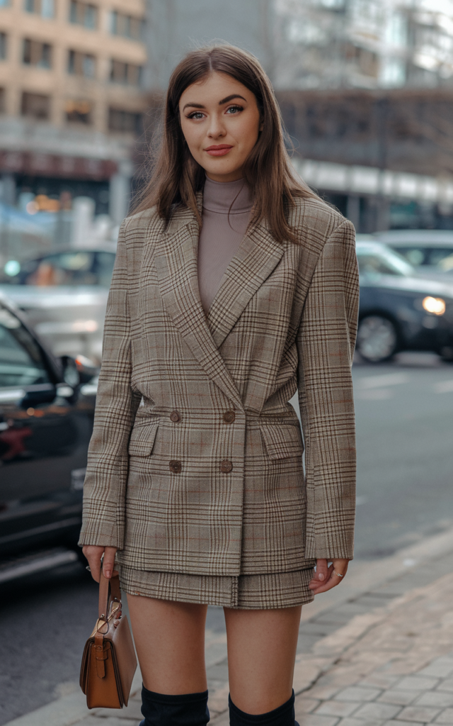 Style a plaid blazer with a mini skirt and knee boots.