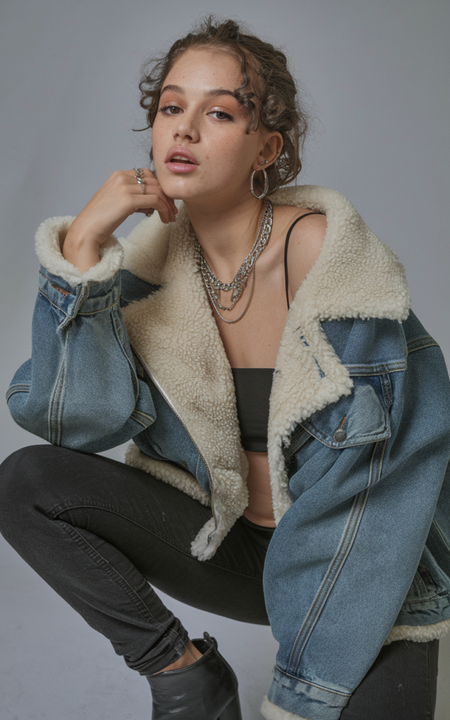 Style a shearling-lined denim jacket with black skinny jeans