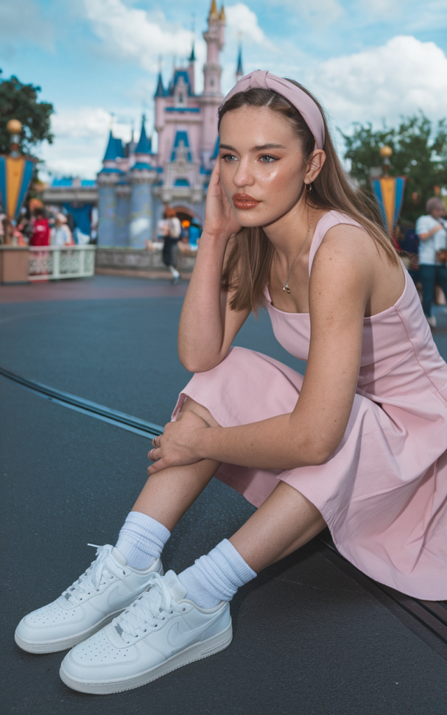 Style a skater dress with white sneakers.