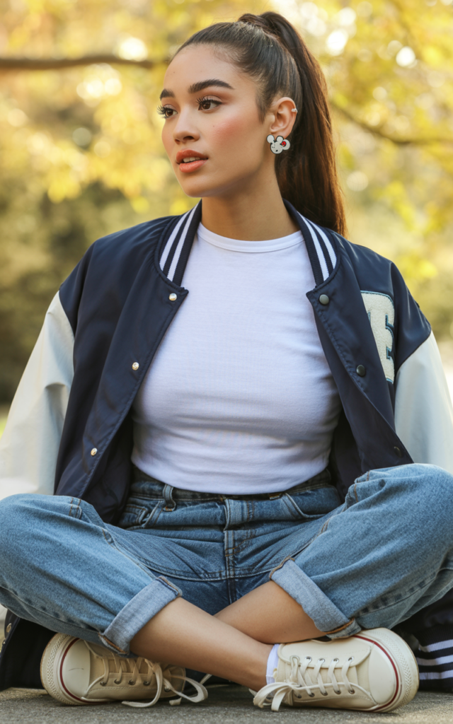 Style a varsity jacket with straight jeans.