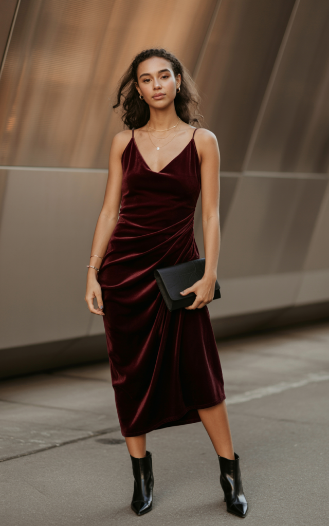Style a velvet dress with sleek pointed boots.
