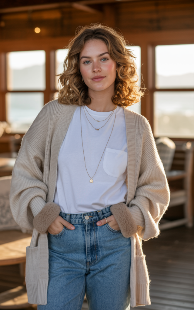Style an oversized cardigan with a basic tee and mom jeans