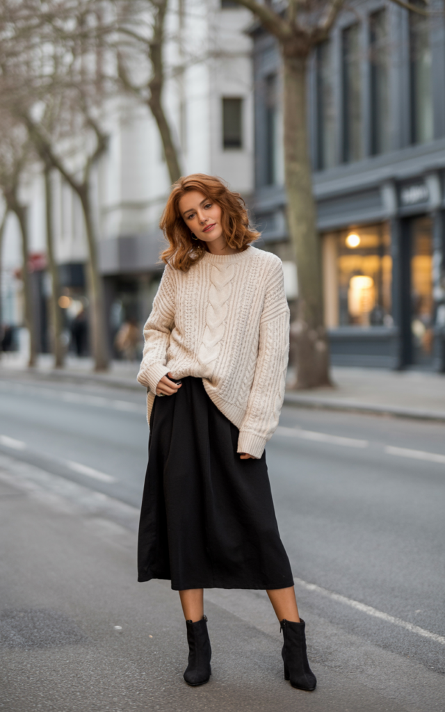 Style an oversized sweater with a front tuck and heeled boots.