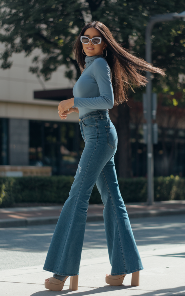 Style flared jeans with a fitted bodysuit and platform heels.