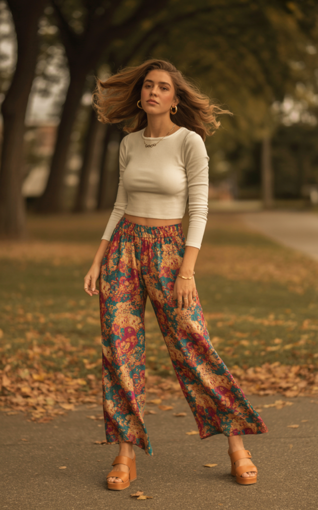 Style palazzo pants with a fitted cropped sweater