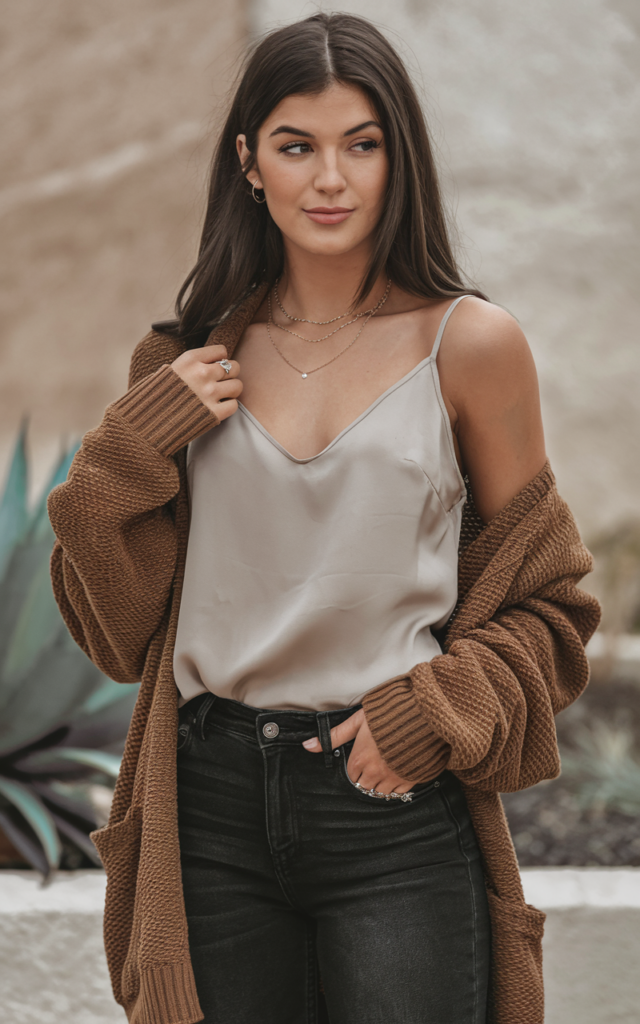 Throw a Caramel Cardigan over a Silk Camisole and Dark Denim