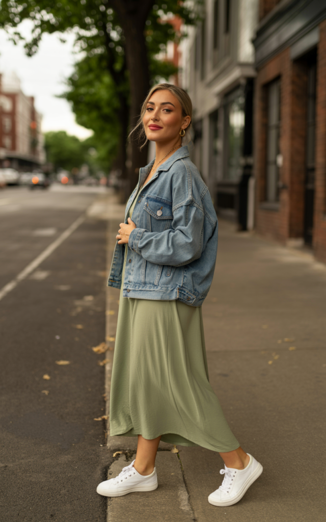 Throw a denim jacket over a flowy midi dress