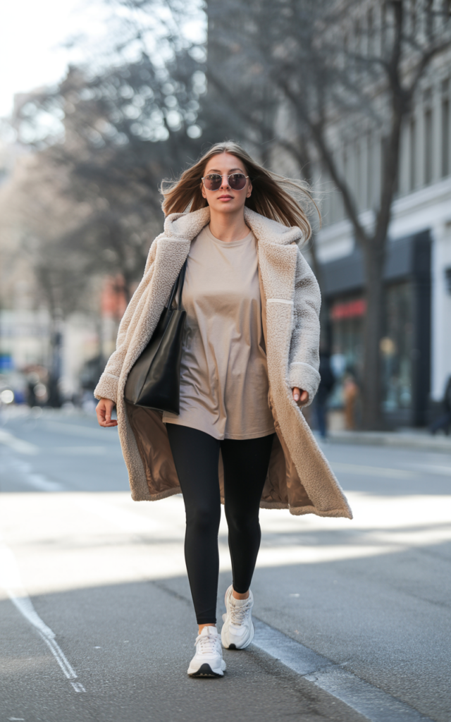 Throw a teddy coat over leggings and chunky sneakers.