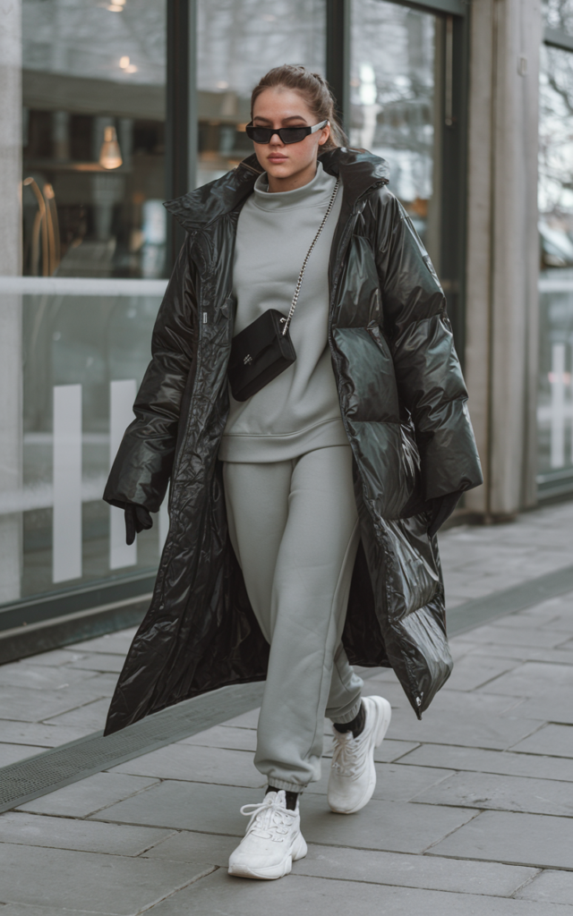 Throw on a long puffer coat over a matching sweatsuit.