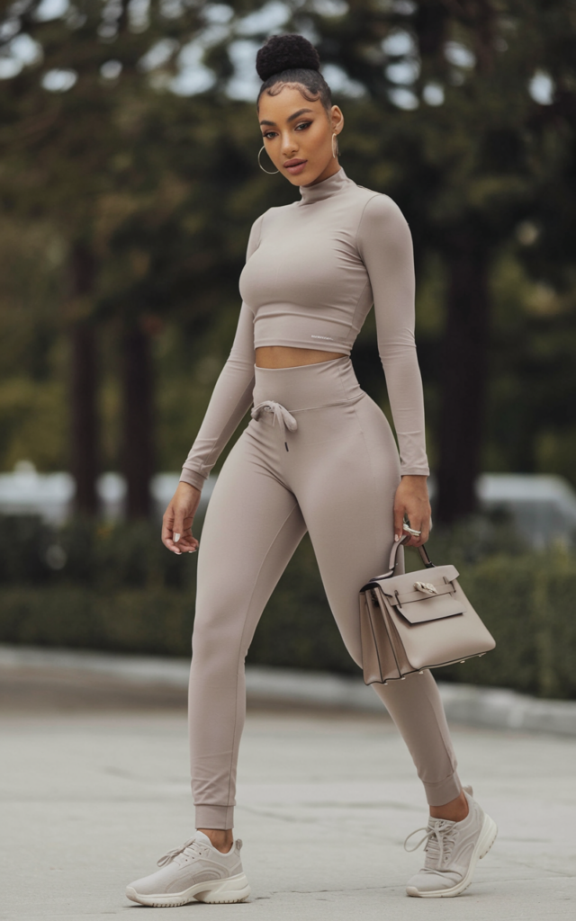 Throw on a matching jogger set with sleek accessories.
